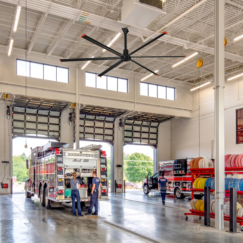 14FT/16FT HVLS Industrial Ceiling Fan 120V 1Ph No Light With 6 Aluminum Blades-Permanent Magnet Synchronous Motor-Wired Wall-Mounted Controller-Energy Efficient Large Area Air Circulation for Fan Warehouses & Factories