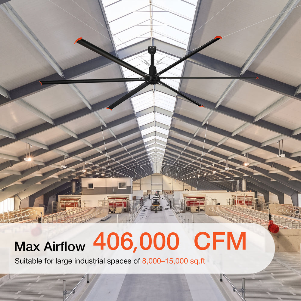 20/22/24FT HVLS Industrial Ceiling Fan 120V 1-Phase No Light With 6 Aluminum Blades-Permanent Magnet Synchronous Motor-Wired Wall-Mounted Controller-Energy Efficient Large Area Air Circulation For Warehouses & Factories