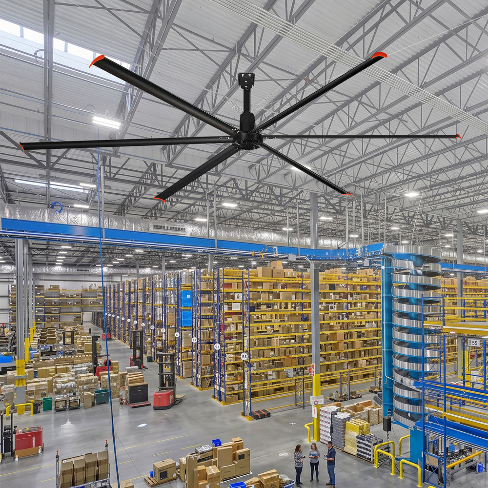20/22/24FT HVLS Industrial Ceiling Fan 120V 1-Phase No Light With 6 Aluminum Blades-Permanent Magnet Synchronous Motor-Wired Wall-Mounted Controller-Energy Efficient Large Area Air Circulation For Warehouses & Factories