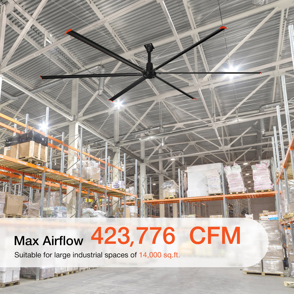 20/22/24FT HVLS Industrial Ceiling Fan 120V 1-Phase No Light With 6 Aluminum Blades-Permanent Magnet Synchronous Motor-Wired Wall-Mounted Controller-Energy Efficient Large Area Air Circulation For Warehouses & Factories