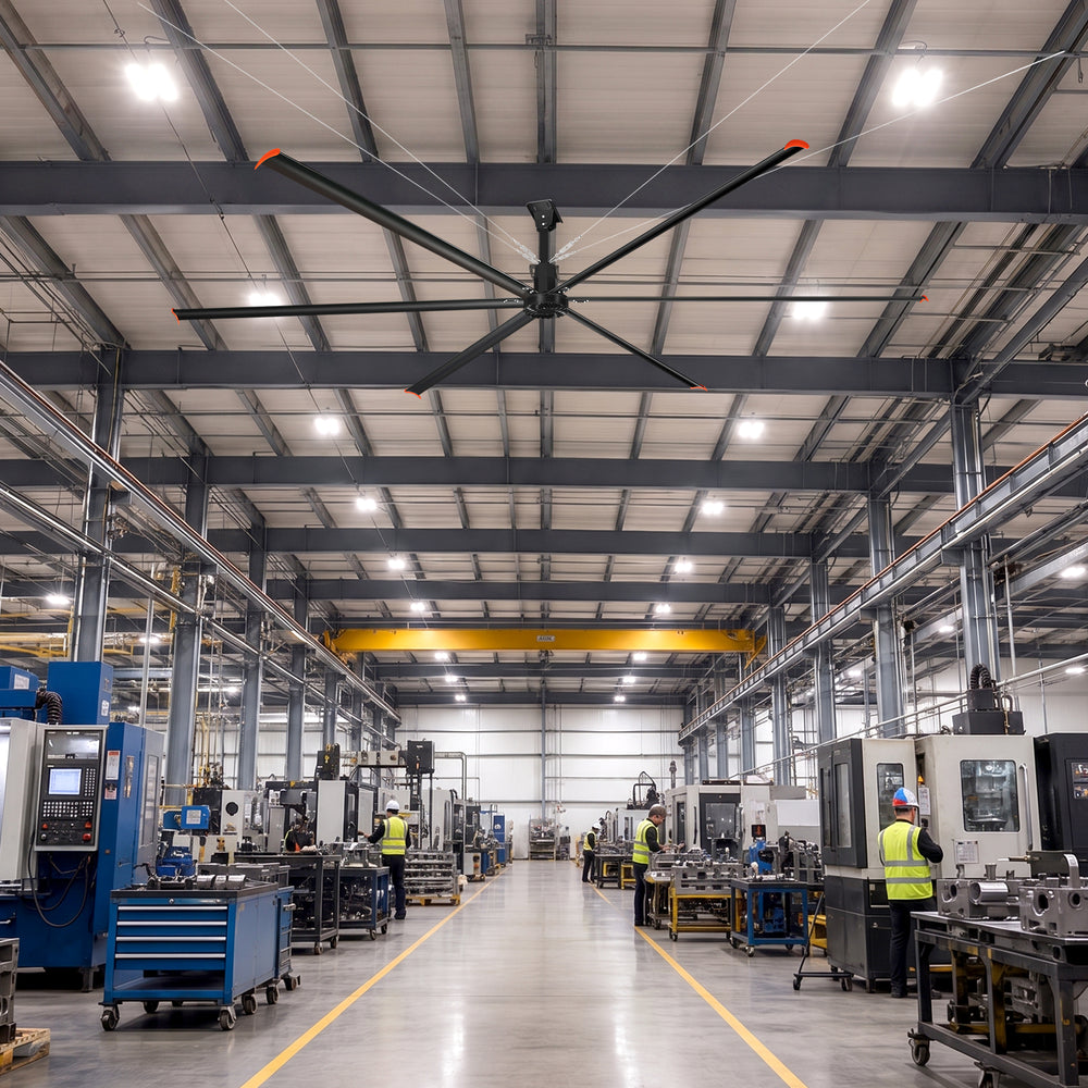 20/22/24FT HVLS Industrial Ceiling Fan 120V 1-Phase No Light With 6 Aluminum Blades-Permanent Magnet Synchronous Motor-Wired Wall-Mounted Controller-Energy Efficient Large Area Air Circulation For Warehouses & Factories