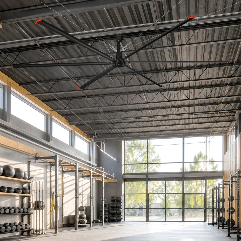 20/22/24FT HVLS Industrial Ceiling Fan 120V 1-Phase No Light With 6 Aluminum Blades-Permanent Magnet Synchronous Motor-Wired Wall-Mounted Controller-Energy Efficient Large Area Air Circulation For Warehouses & Factories