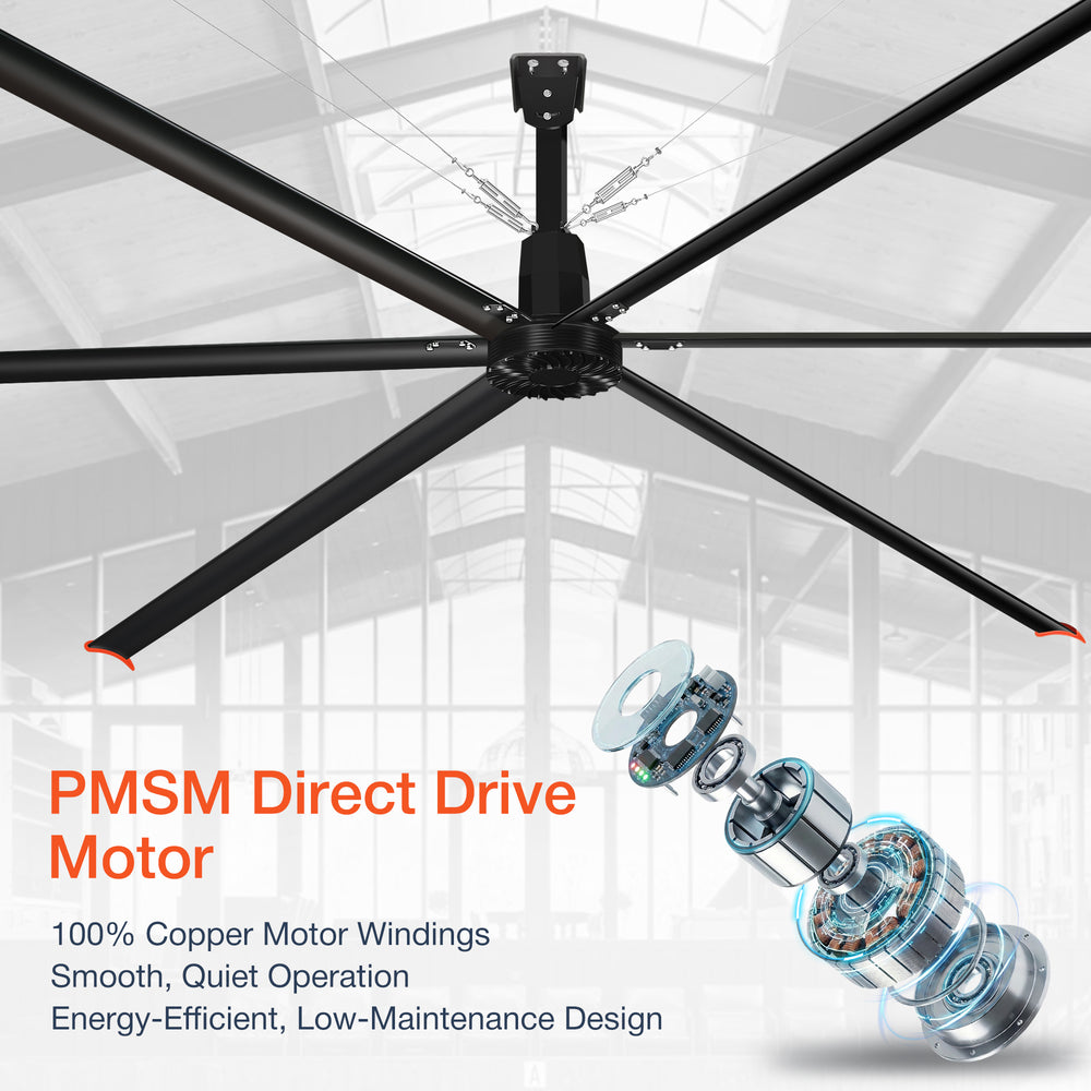 20/22/24FT HVLS Industrial Ceiling Fan 120V 1-Phase No Light With 6 Aluminum Blades-Permanent Magnet Synchronous Motor-Wired Wall-Mounted Controller-Energy Efficient Large Area Air Circulation For Warehouses & Factories