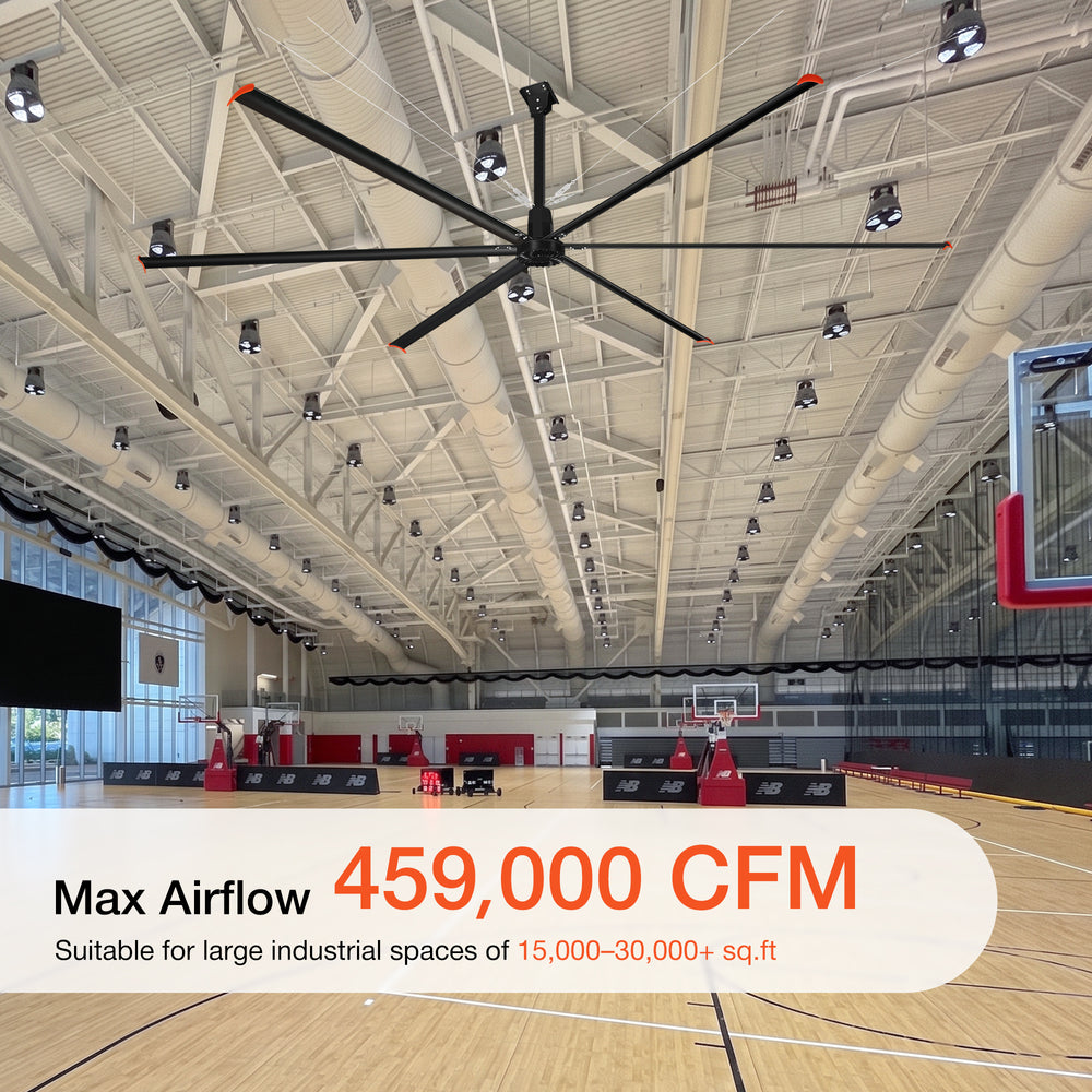 20/22/24FT HVLS Industrial Ceiling Fan 120V 1-Phase No Light With 6 Aluminum Blades-Permanent Magnet Synchronous Motor-Wired Wall-Mounted Controller-Energy Efficient Large Area Air Circulation For Warehouses & Factories