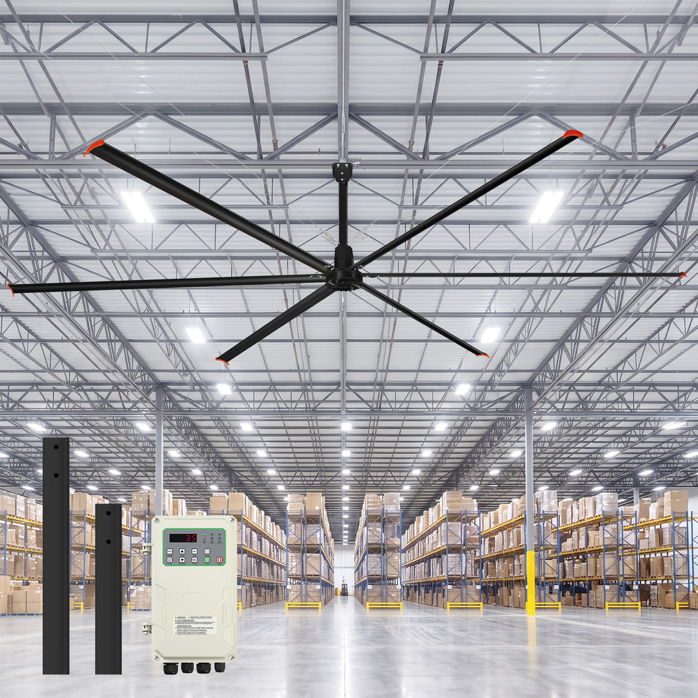 20/22/24FT HVLS Industrial Ceiling Fan 120V 1-Phase No Light With 6 Aluminum Blades-Permanent Magnet Synchronous Motor-Wired Wall-Mounted Controller-Energy Efficient Large Area Air Circulation For Warehouses & Factories