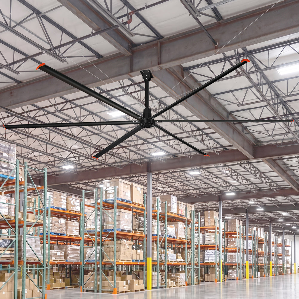 20/22/24FT HVLS Industrial Ceiling Fan 120V 1-Phase No Light With 6 Aluminum Blades-Permanent Magnet Synchronous Motor-Wired Wall-Mounted Controller-Energy Efficient Large Area Air Circulation For Warehouses & Factories
