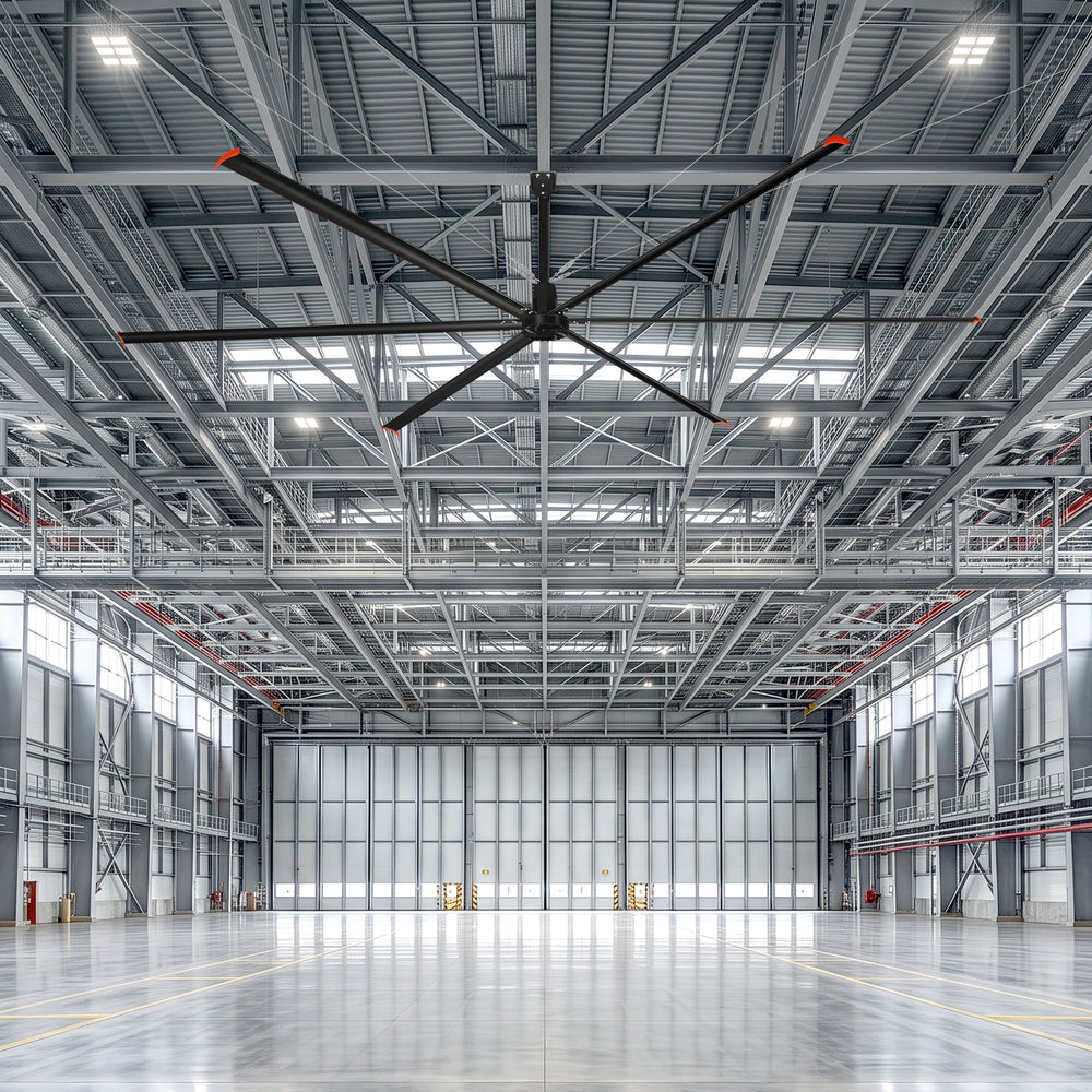 20/22/24FT HVLS Industrial Ceiling Fan 120V 1-Phase No Light With 6 Aluminum Blades-Permanent Magnet Synchronous Motor-Wired Wall-Mounted Controller-Energy Efficient Large Area Air Circulation For Warehouses & Factories