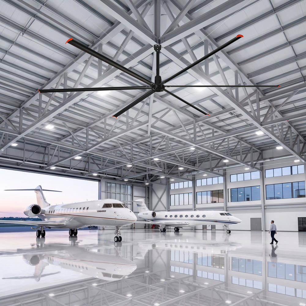 20/22/24FT HVLS Industrial Ceiling Fan 120V 1-Phase No Light With 6 Aluminum Blades-Permanent Magnet Synchronous Motor-Wired Wall-Mounted Controller-Energy Efficient Large Area Air Circulation For Warehouses & Factories