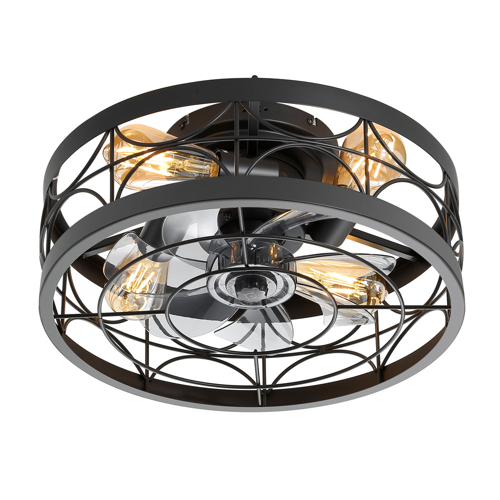 Ravora black low profile ceiling fan with light and enclosed cage