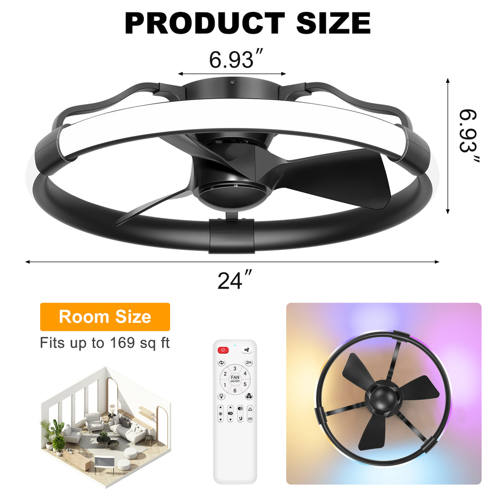 24 Inch Flush Mount RGB Ceiling Fan with Light, Dimmable 3CCT LED Light, 6-Speed Reversible DC Motor, Remote Control, Low Profile Enclosed Fan