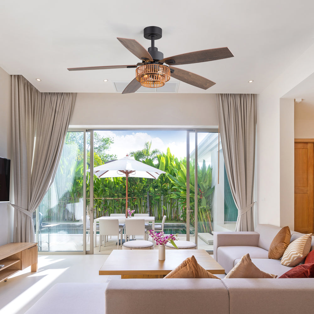 52-inch Farmhouse Ceiling Fan with Light, 5 Dual-Finish Reversible Plywood Blades, Quiet Energy-Saving DC Motor, E12 Bulb Base, 6-Speed Remote Control with Timer, Forward/Reverse Rotation, and 6" Downrod Included