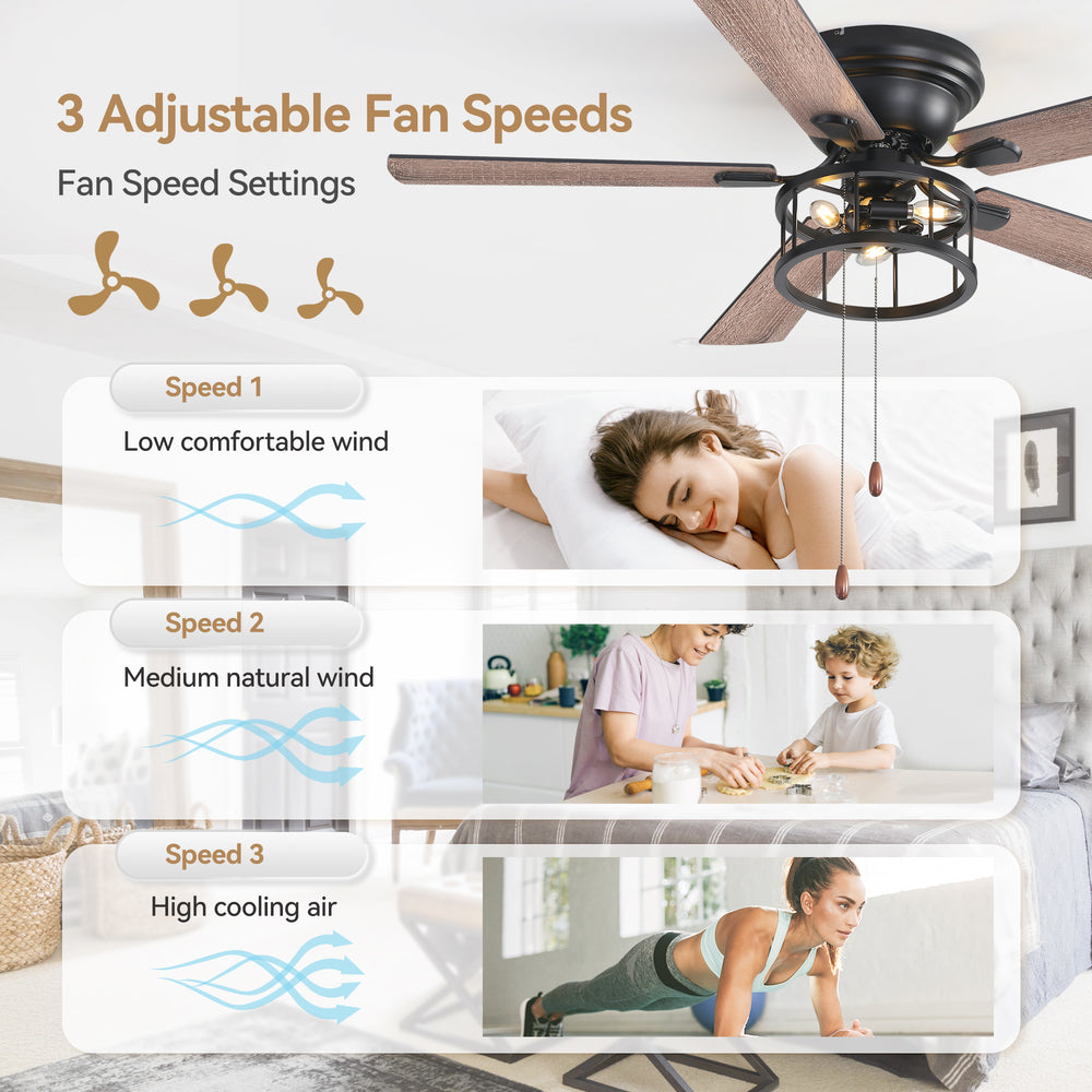 52-inch Indoor Black Ceiling Fan with Light Kit and Pull Chain Included
