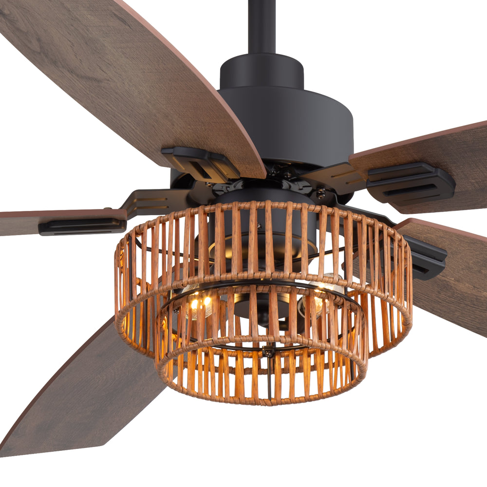 52-inch Farmhouse Ceiling Fan with Light, 5 Dual-Finish Reversible Plywood Blades, Quiet Energy-Saving DC Motor, E12 Bulb Base, 6-Speed Remote Control with Timer, Forward/Reverse Rotation, and 6" Downrod Included