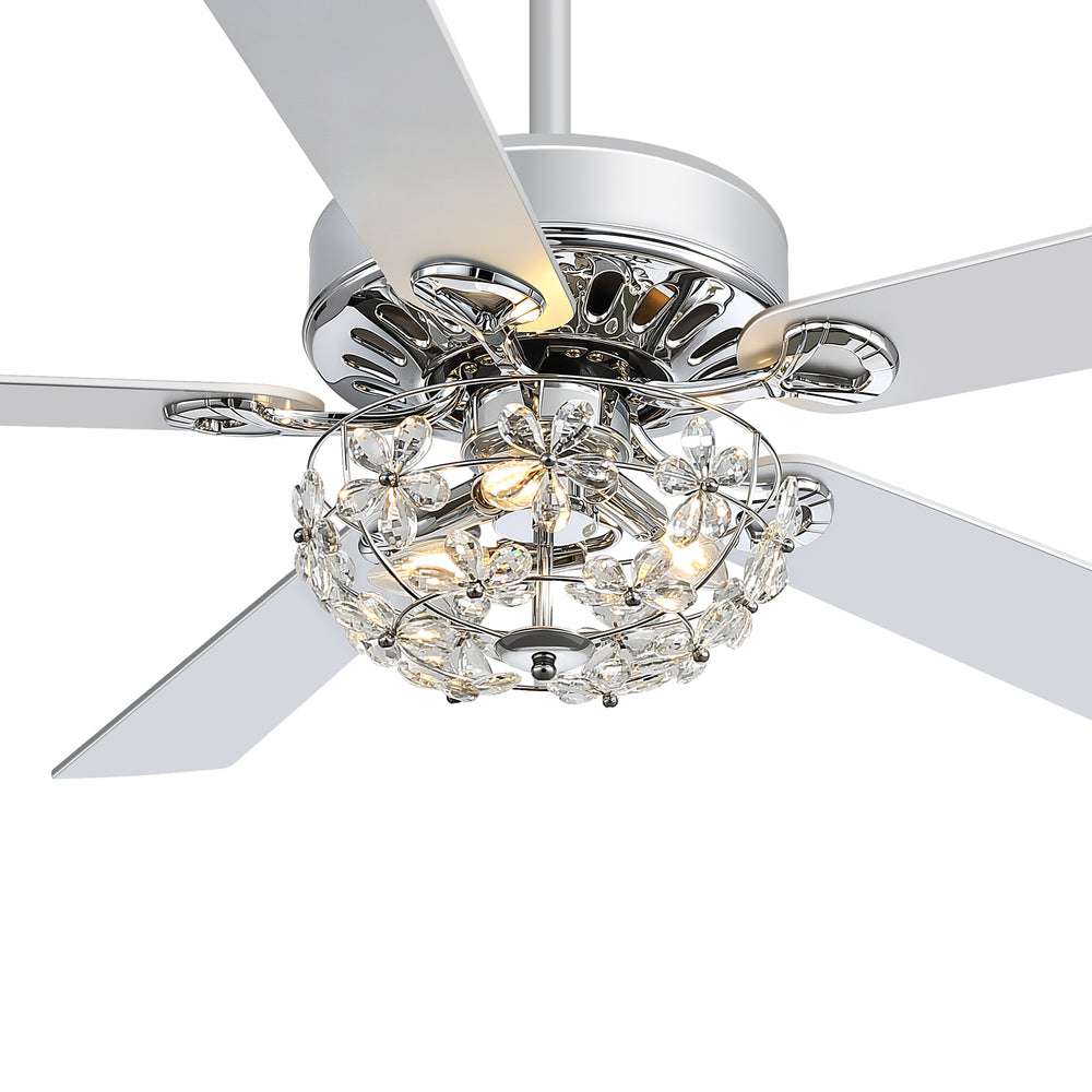 52-Inch Chrome Ceiling Fan with Light, Reversible DC Motor, 6 Speeds Remote Control, 5 Blades, E12 Bulb Base, Downrod Mount