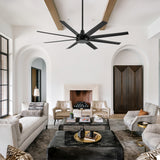 AeroSpan 65-inch large 8-blade black ceiling fan without light in a modern living room