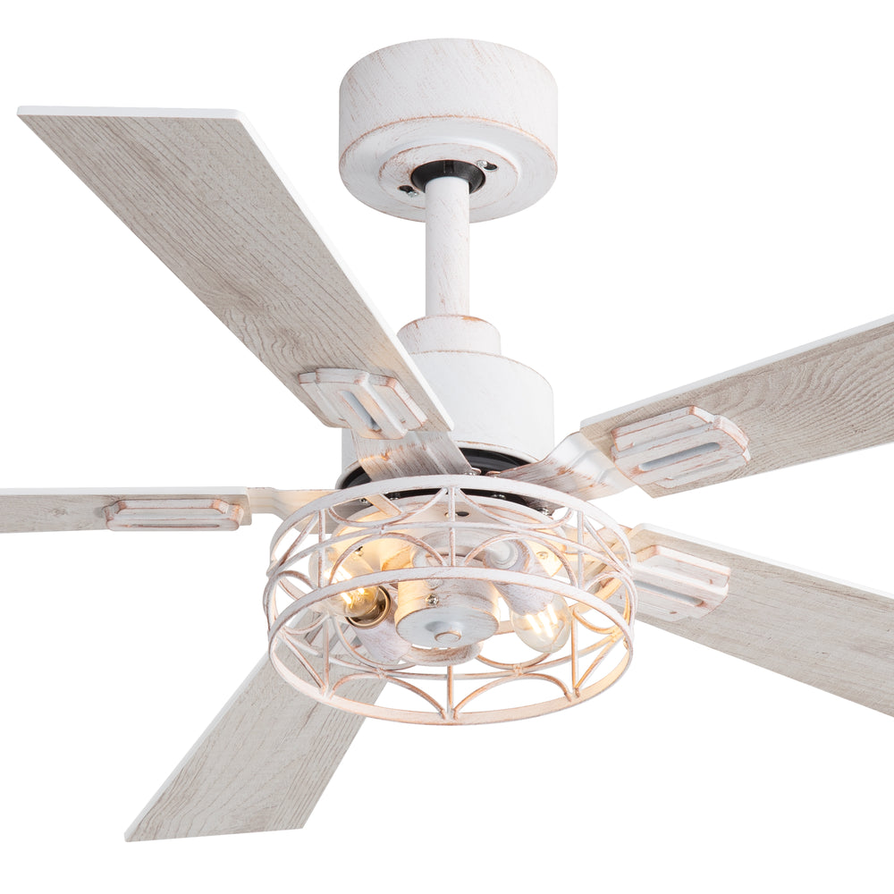 42-inch Ceiling Fan with Distressed White or Matte Black Finish, 5 Reversible Blades, Quiet DC Motor, Remote Control,6" Downrod