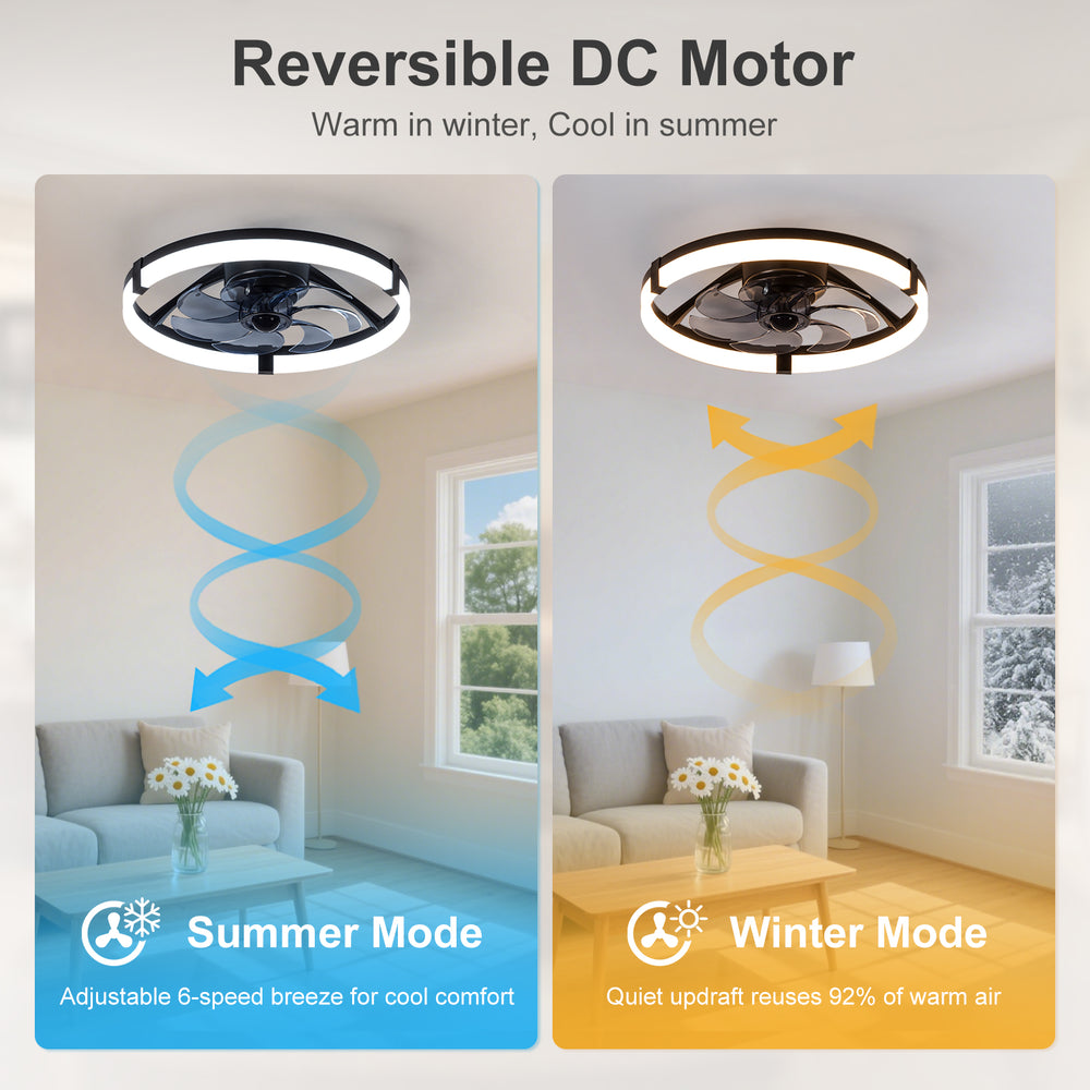 20 Inch Modern Flush Mount Ceiling Fan with Lights, Remote Control Low Profile Ceiling Fan for Bedroom, Quiet Reversible DC Motor, Dimmable LED