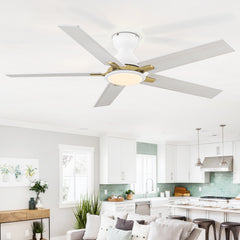 52'' Low Profile Ceiling Fan with Lights, 5-Blade, Reversible DC Motor, Farmhouse Flush Mount Ceiling Fans Remote Control, 6-Speed, 3 Color Light, Led Fandelier Ceiling Fan for Bedroom Kitchen