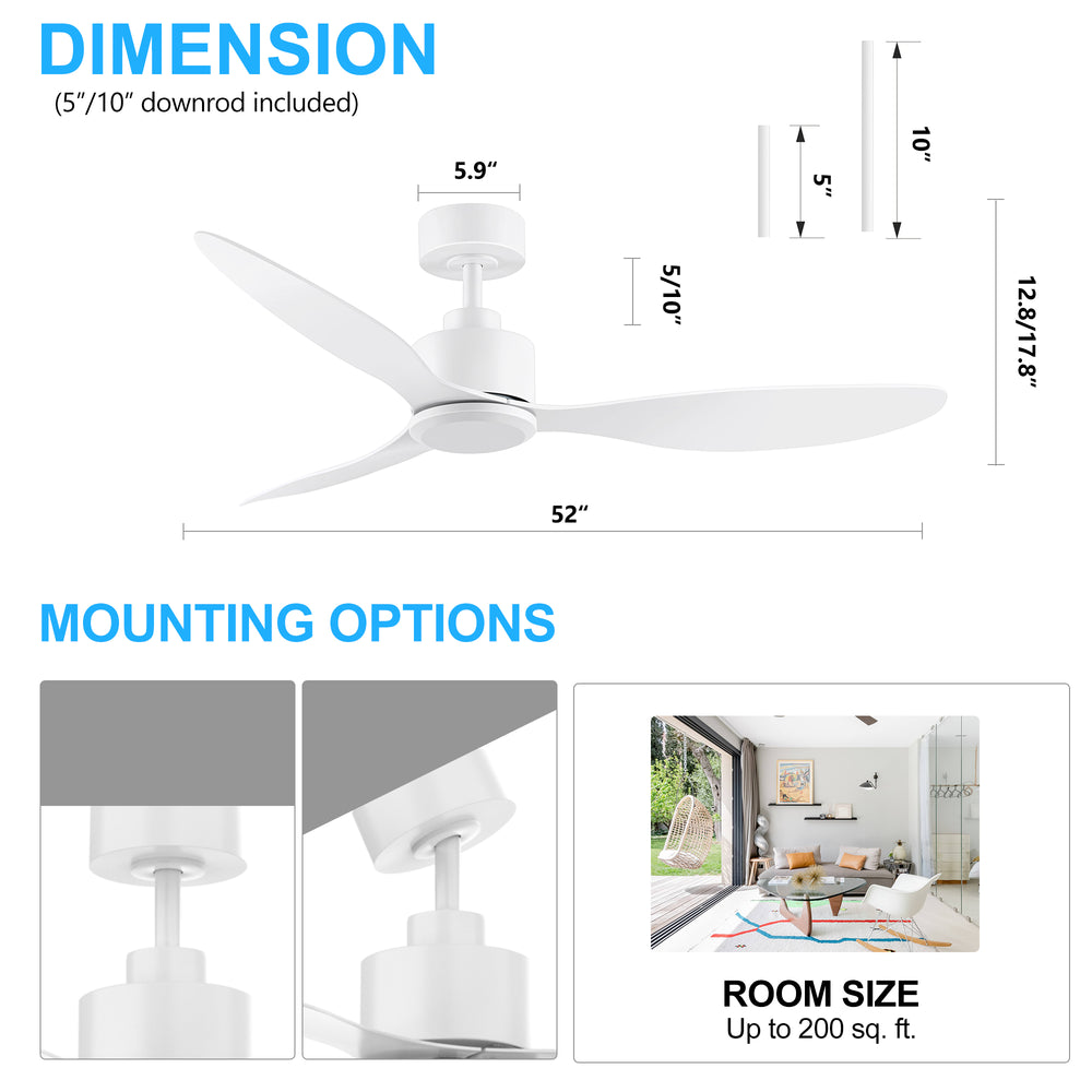 52-Inch Ceiling Fan without Light, 3 ABS Blades, Remote Control with 6 Speeds, Reverse Function, Timer, Quiet DC Motor, Includes 5" & 10" Downrods, Ideal for Dining, Bedroom, and Living Room