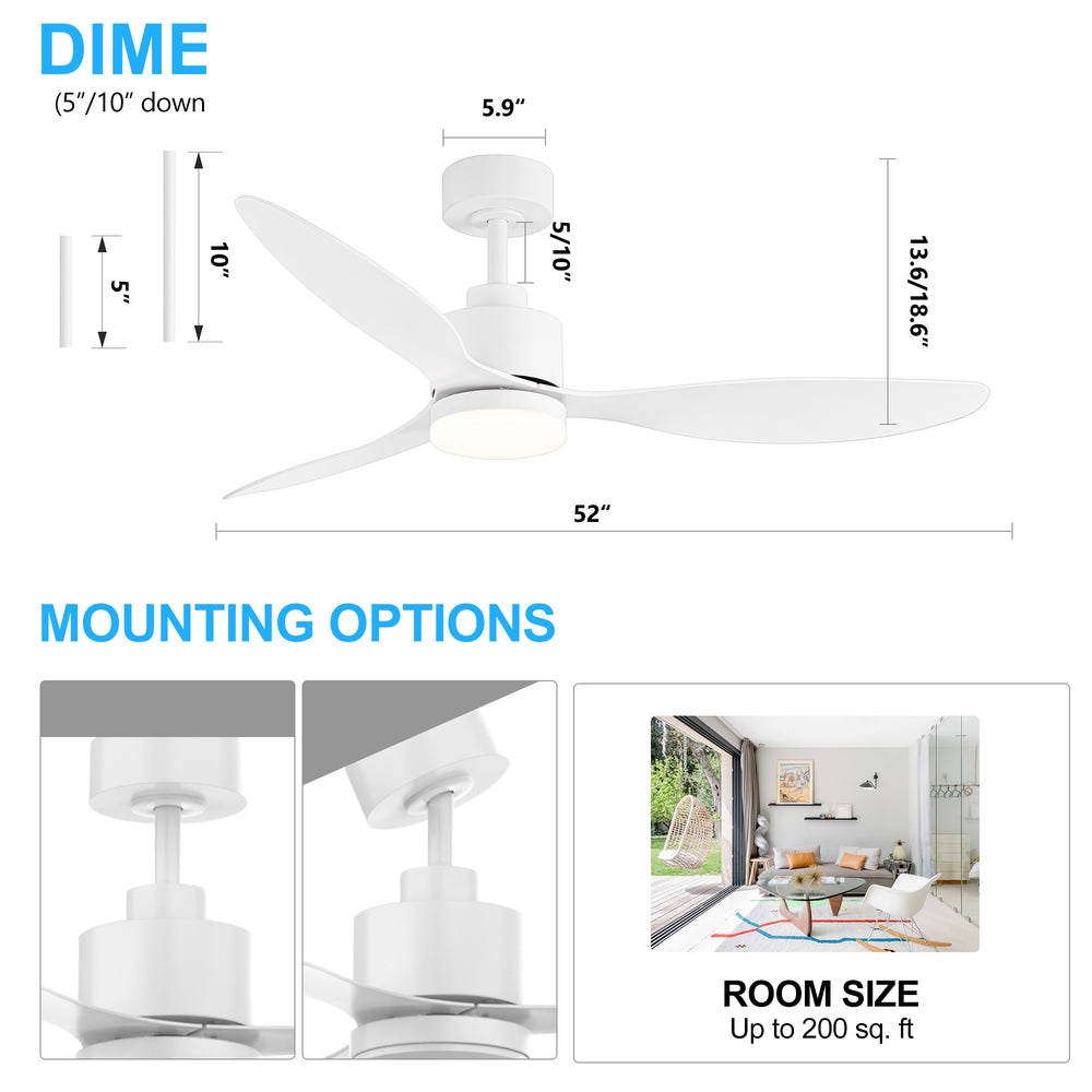 52-Inch Modern Ceiling Fan with Light, 3 ABS Blades, 18W LED with 3 Color Temperatures, Remote Control with 6 Speeds, Reverse Function, Timer, Quiet DC Motor, Includes 5" & 10" Downrods, Ideal for Dining, Bedroom, and Living Room