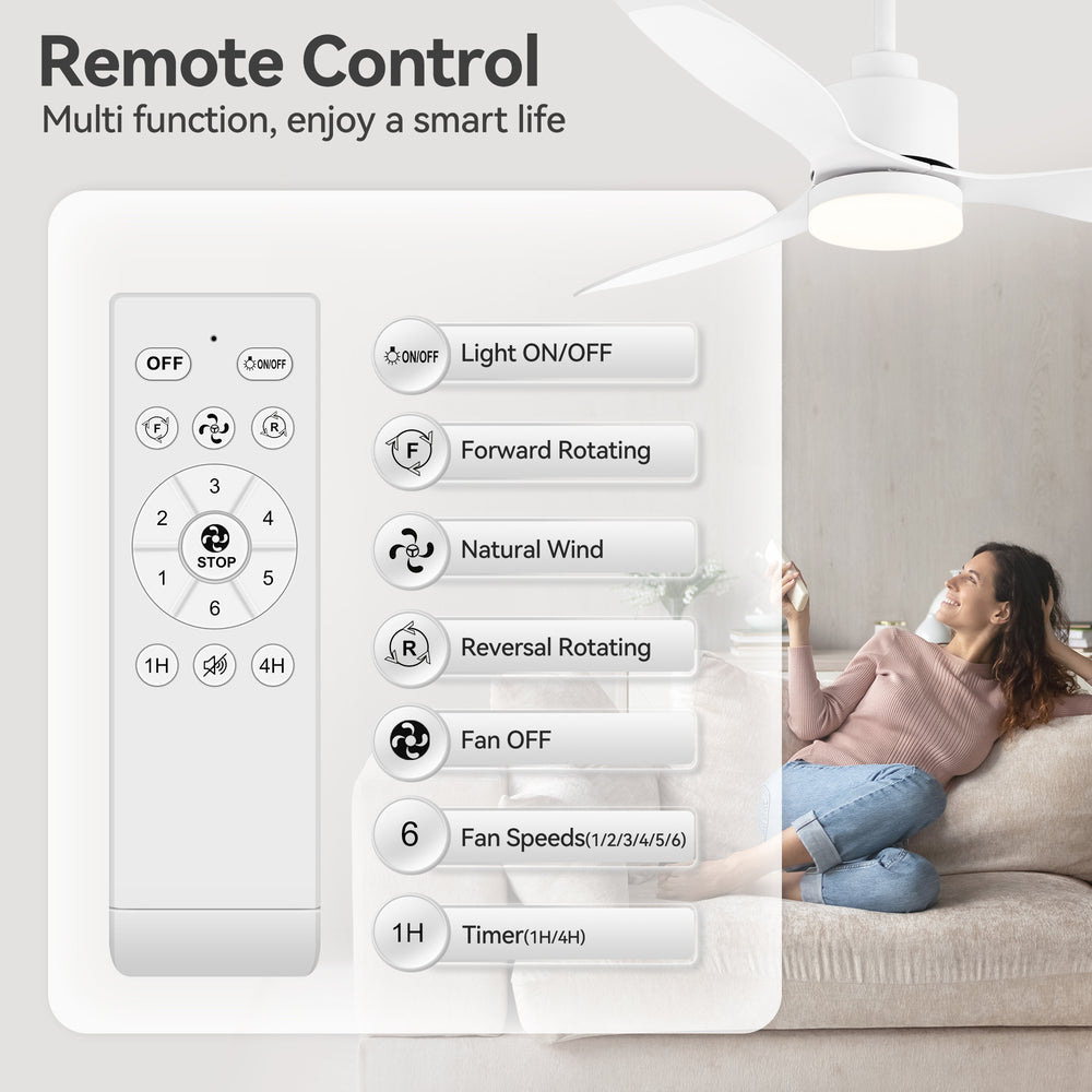 52-Inch Modern Ceiling Fan with Light, 3 ABS Blades, 18W LED with 3 Color Temperatures, Remote Control with 6 Speeds, Reverse Function, Timer, Quiet DC Motor, Includes 5" & 10" Downrods, Ideal for Dining, Bedroom, and Living Room