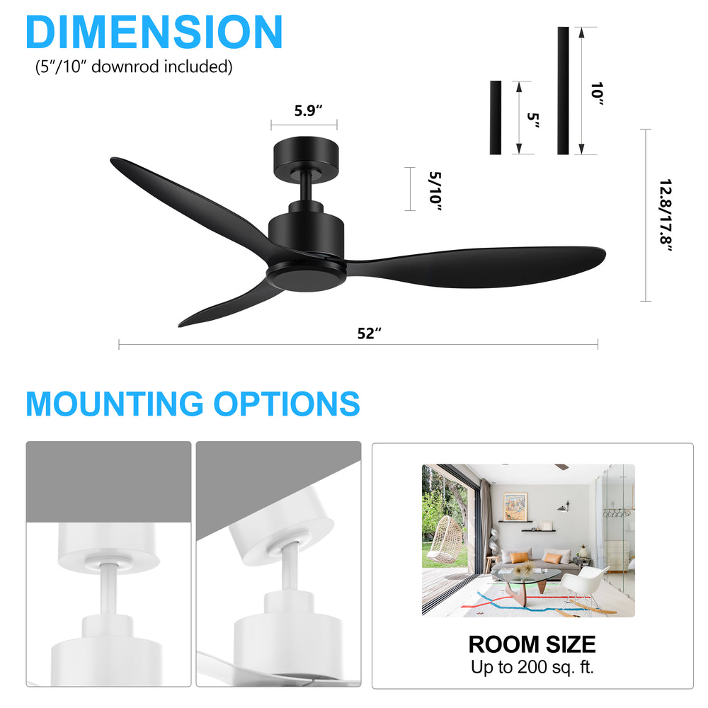 52-Inch Ceiling Fan without Light, 3 ABS Blades, Remote Control with 6 Speeds, Reverse Function, Timer, Quiet DC Motor, Includes 5" & 10" Downrods, Ideal for Dining, Bedroom, and Living Room