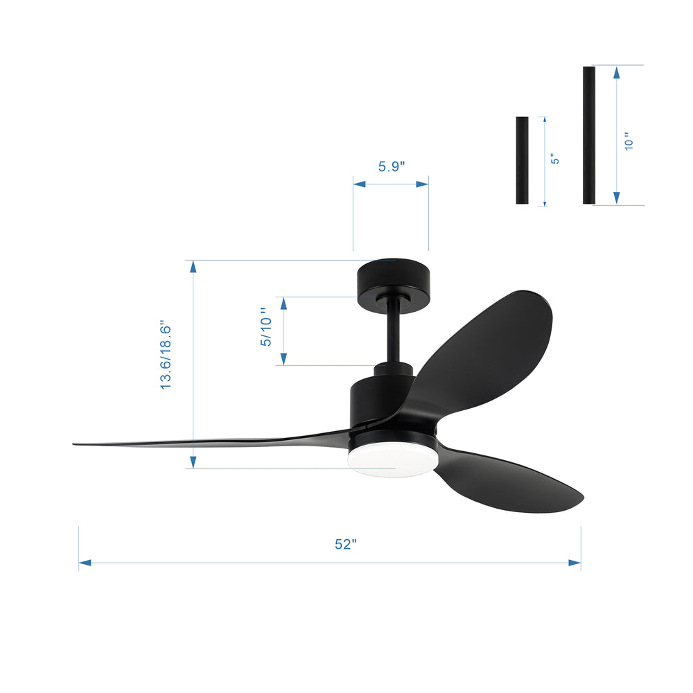 52-Inch Modern Ceiling Fan with Light, 3 ABS Blades, 18W LED with 3 Color Temperatures, Remote Control with 6 Speeds, Reverse Function, Timer, Quiet DC Motor, Includes 5" & 10" Downrods, Ideal for Dining, Bedroom, and Living Room