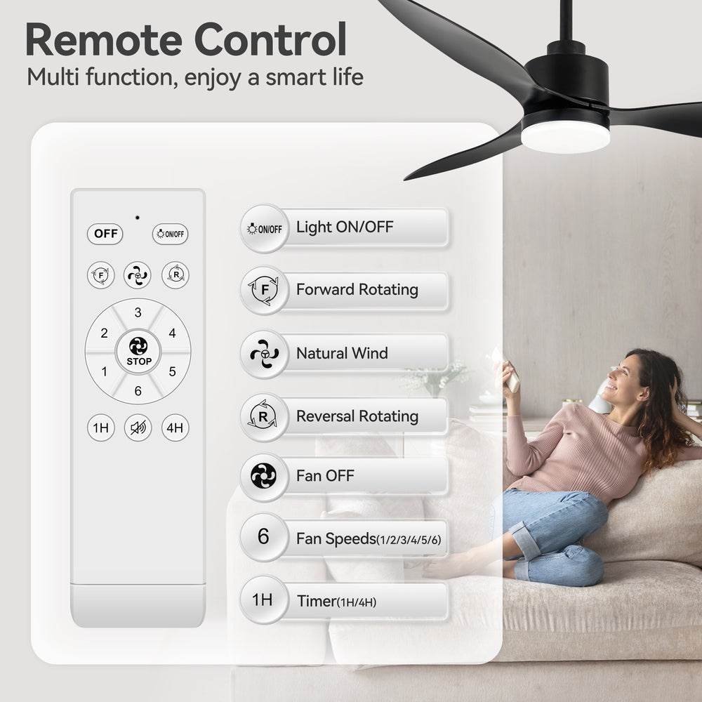 52-Inch Modern Ceiling Fan with Light, 3 ABS Blades, 18W LED with 3 Color Temperatures, Remote Control with 6 Speeds, Reverse Function, Timer, Quiet DC Motor, Includes 5" & 10" Downrods, Ideal for Dining, Bedroom, and Living Room