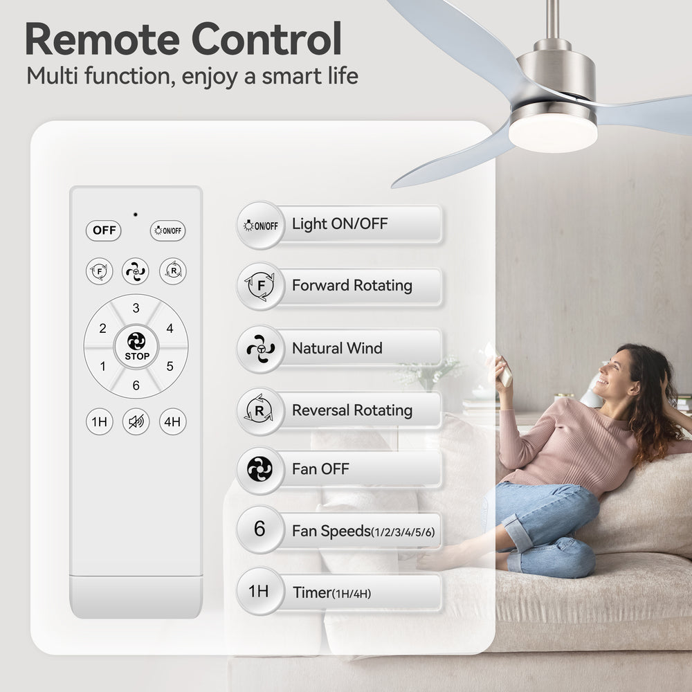 52-Inch Modern Ceiling Fan with Light, 3 ABS Blades, 18W LED with 3 Color Temperatures, Remote Control with 6 Speeds, Reverse Function, Timer, Quiet DC Motor, Includes 5" & 10" Downrods, Ideal for Dining, Bedroom, and Living Room