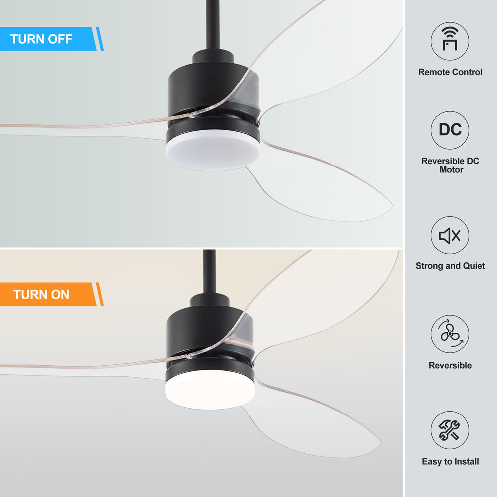 52-Inch Modern Ceiling Fan with Light, 3 ABS Blades, 18W LED with 3 Color Temperatures, Remote Control with 6 Speeds, Reverse Function, Timer, Quiet DC Motor, Includes 5" & 10" Downrods, Ideal for Dining, Bedroom, and Living Room