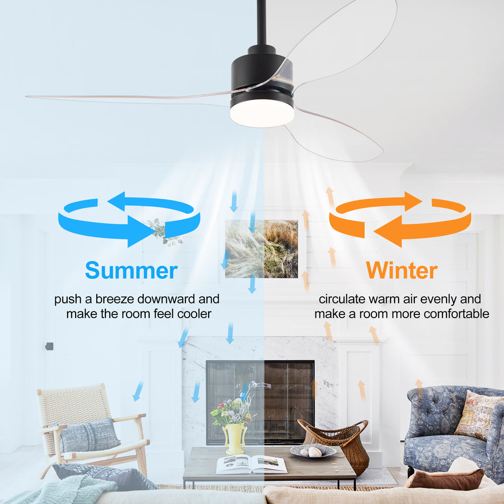52-Inch Modern Ceiling Fan with Light, 3 ABS Blades, 18W LED with 3 Color Temperatures, Remote Control with 6 Speeds, Reverse Function, Timer, Quiet DC Motor, Includes 5" & 10" Downrods, Ideal for Dining, Bedroom, and Living Room