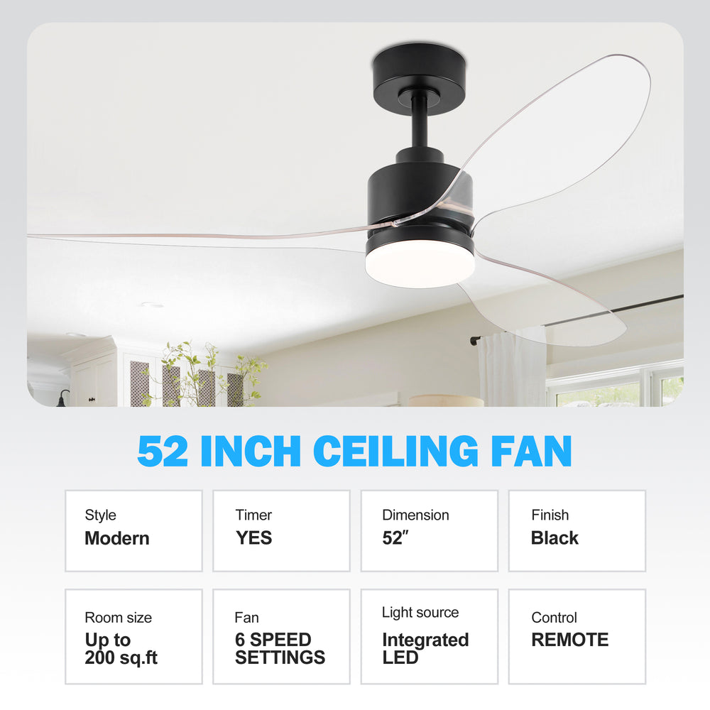 52-Inch Modern Ceiling Fan with Light, 3 ABS Blades, 18W LED with 3 Color Temperatures, Remote Control with 6 Speeds, Reverse Function, Timer, Quiet DC Motor, Includes 5" & 10" Downrods, Ideal for Dining, Bedroom, and Living Room