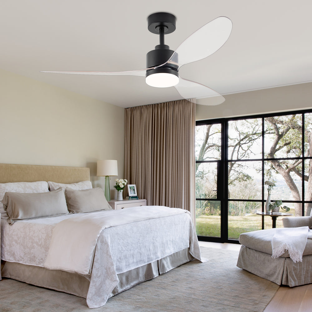 52-Inch Modern Ceiling Fan with Light, 3 ABS Blades, 18W LED with 3 Color Temperatures, Remote Control with 6 Speeds, Reverse Function, Timer, Quiet DC Motor, Includes 5" & 10" Downrods, Ideal for Dining, Bedroom, and Living Room