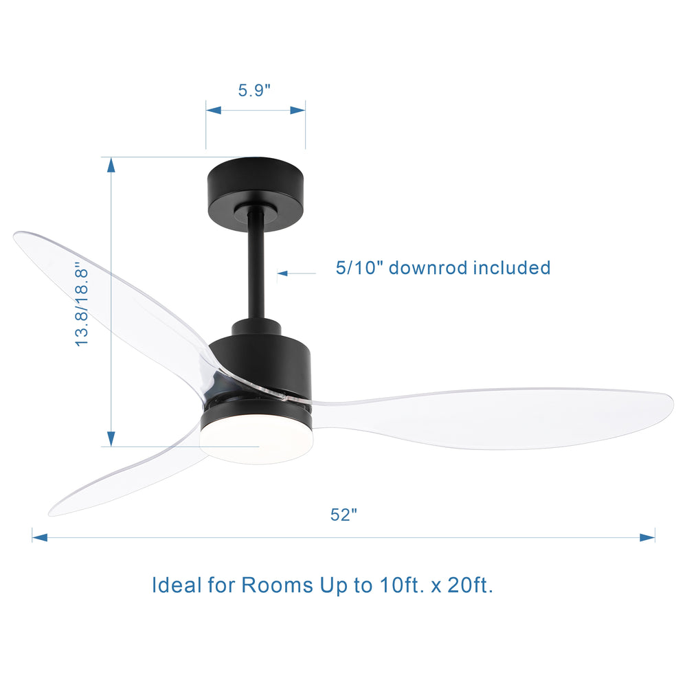 52-Inch Modern Ceiling Fan with Light, 3 ABS Blades, 18W LED with 3 Color Temperatures, Remote Control with 6 Speeds, Reverse Function, Timer, Quiet DC Motor, Includes 5" & 10" Downrods, Ideal for Dining, Bedroom, and Living Room
