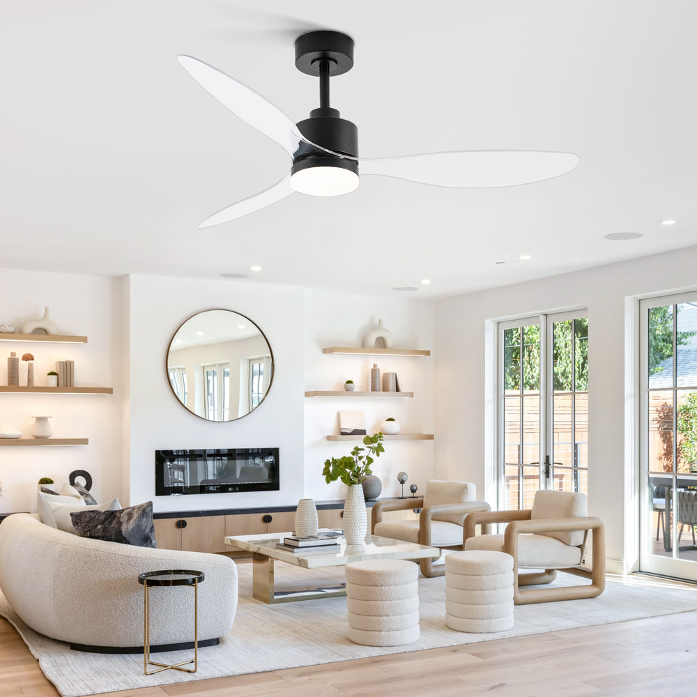 52-Inch Modern Ceiling Fan with Light, 3 ABS Blades, 18W LED with 3 Color Temperatures, Remote Control with 6 Speeds, Reverse Function, Timer, Quiet DC Motor, Includes 5" & 10" Downrods, Ideal for Dining, Bedroom, and Living Room