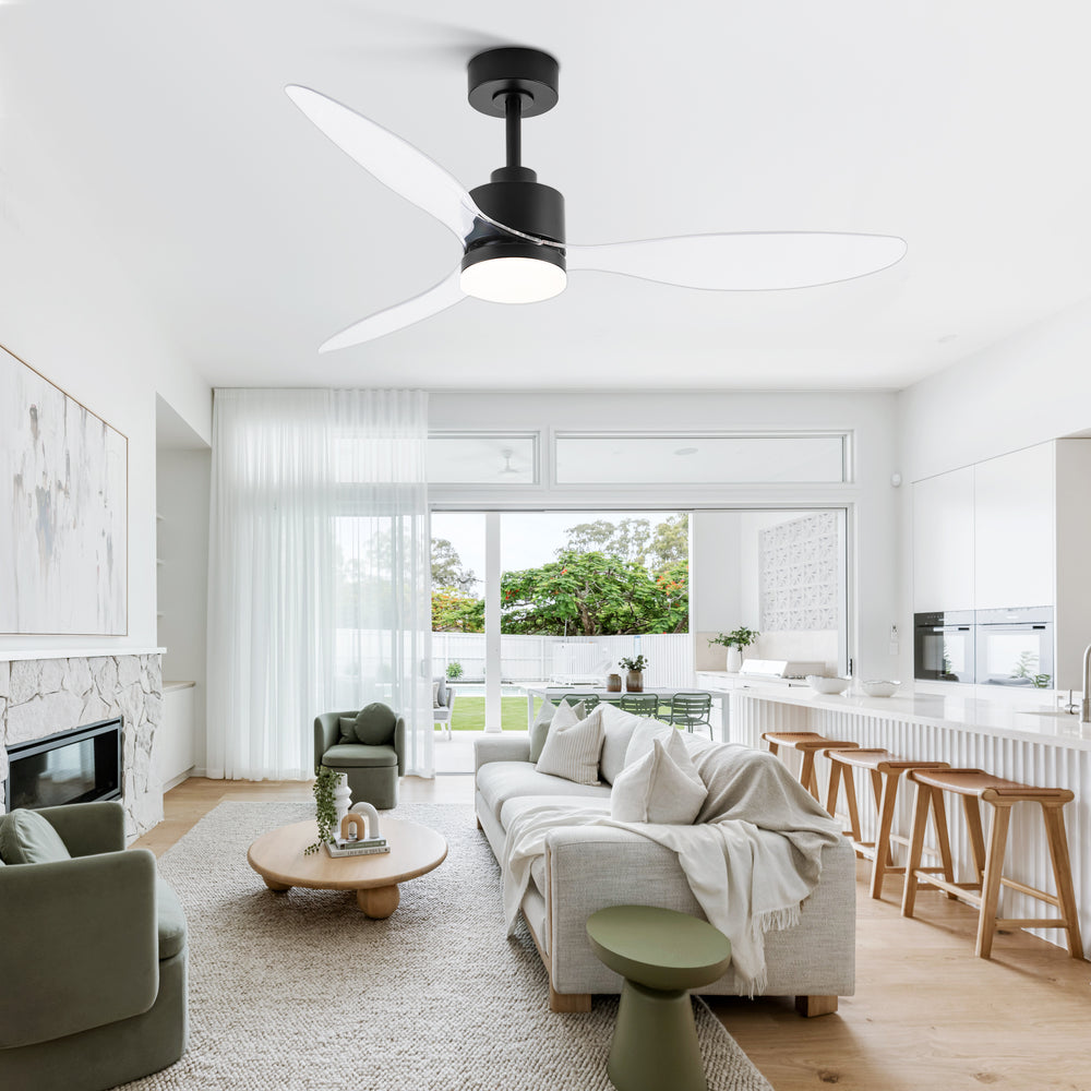 52-Inch Modern Ceiling Fan with Light, 3 ABS Blades, 18W LED with 3 Color Temperatures, Remote Control with 6 Speeds, Reverse Function, Timer, Quiet DC Motor, Includes 5" & 10" Downrods, Ideal for Dining, Bedroom, and Living Room