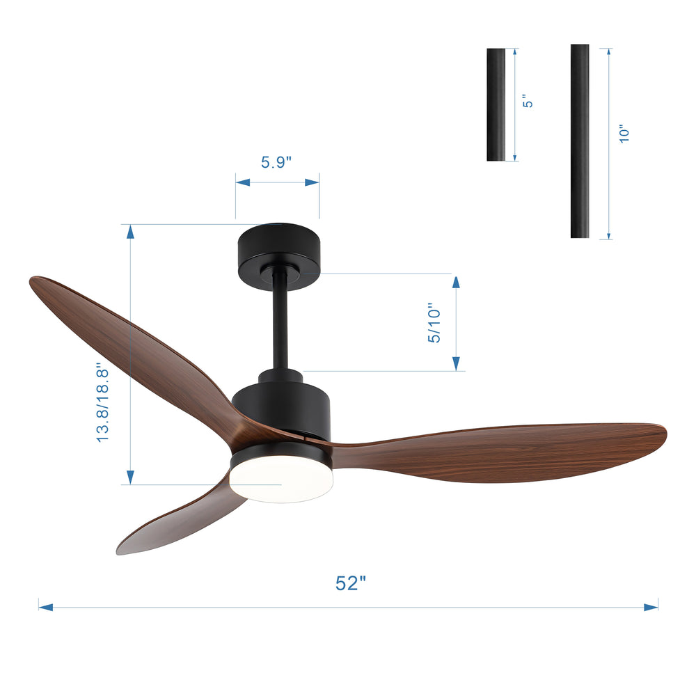 52-Inch Modern Ceiling Fan with Light, 3 ABS Blades, 18W LED with 3 Color Temperatures, Remote Control with 6 Speeds, Reverse Function, Timer, Quiet DC Motor, Includes 5" & 10" Downrods, Ideal for Dining, Bedroom, and Living Room
