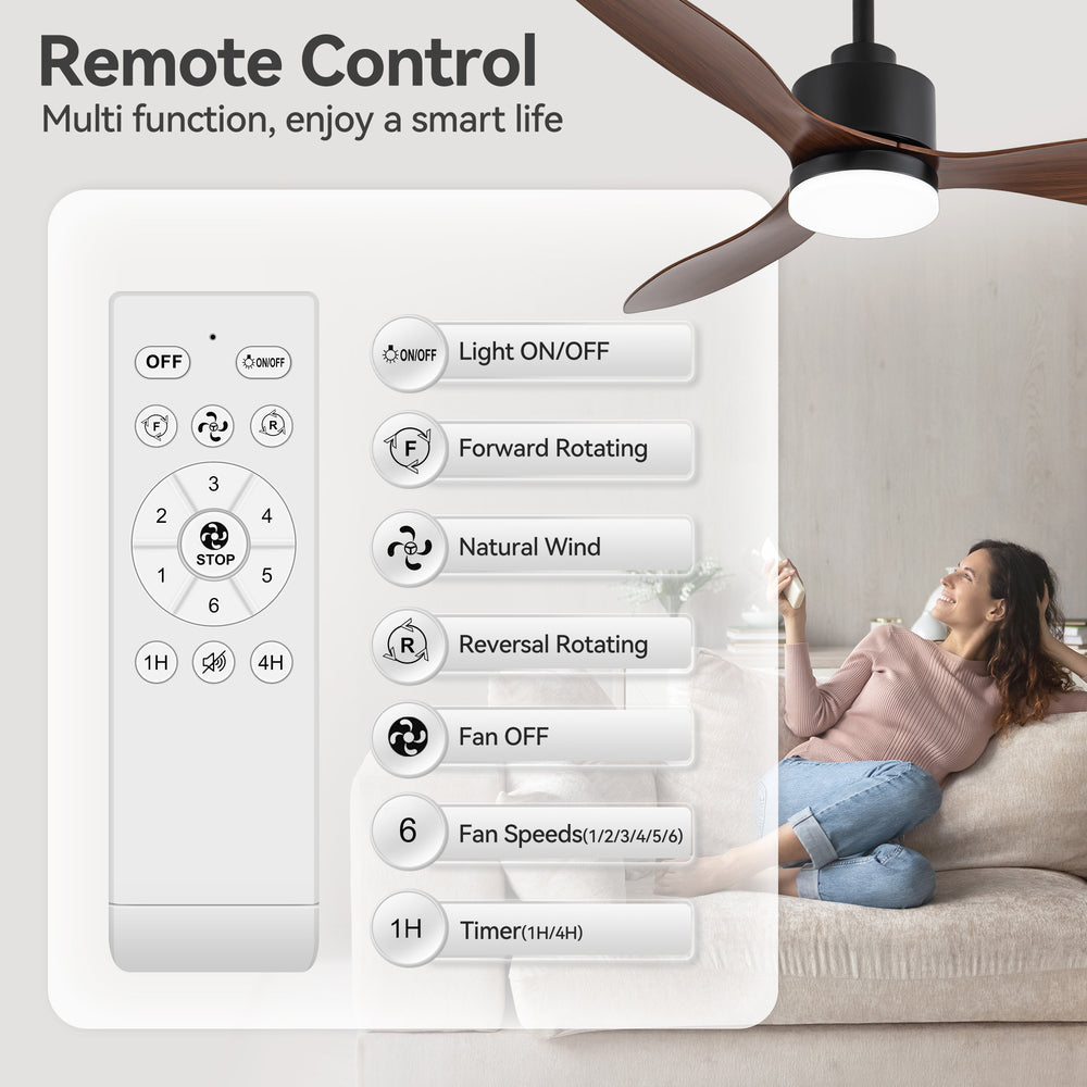 52-Inch Modern Ceiling Fan with Light, 3 ABS Blades, 18W LED with 3 Color Temperatures, Remote Control with 6 Speeds, Reverse Function, Timer, Quiet DC Motor, Includes 5" & 10" Downrods, Ideal for Dining, Bedroom, and Living Room