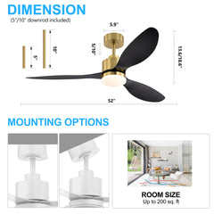 52-Inch Modern Ceiling Fan with Light, 3 ABS Blades, 18W LED with 3 Color Temperatures, Remote Control with 6 Speeds, Reverse Function, Timer, Quiet DC Motor, Includes 5" & 10" Downrods, Ideal for Dining, Bedroom, and Living Room