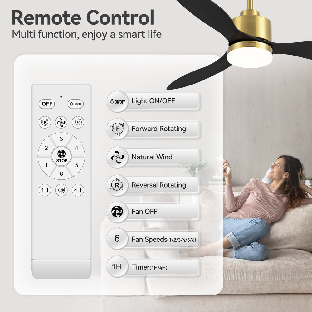 52-Inch Modern Ceiling Fan with Light, 3 ABS Blades, 18W LED with 3 Color Temperatures, Remote Control with 6 Speeds, Reverse Function, Timer, Quiet DC Motor, Includes 5" & 10" Downrods, Ideal for Dining, Bedroom, and Living Room