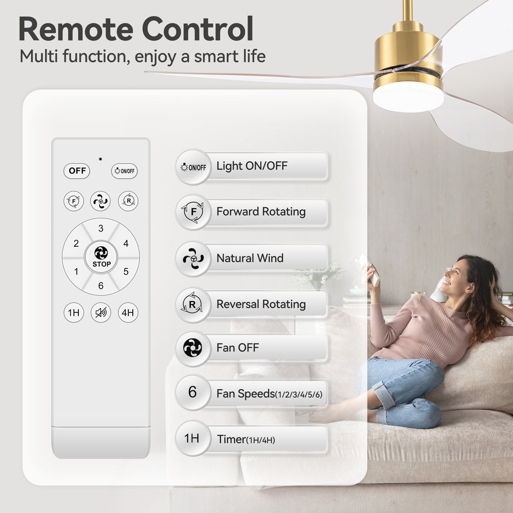 52-Inch Modern Ceiling Fan with Light, 3 ABS Blades, 18W LED with 3 Color Temperatures, Remote Control with 6 Speeds, Reverse Function, Timer, Quiet DC Motor, Includes 5" & 10" Downrods, Ideal for Dining, Bedroom, and Living Room