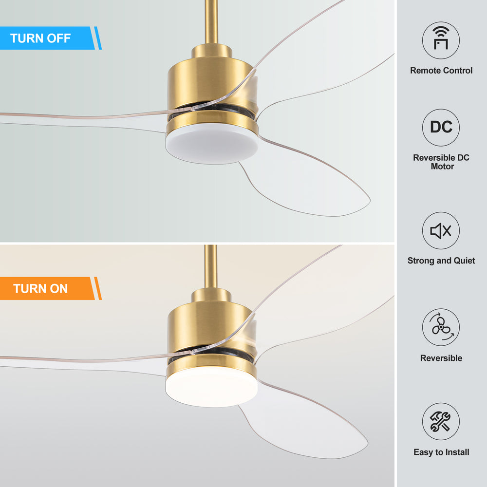 52-Inch Modern Ceiling Fan with Light, 3 ABS Blades, 18W LED with 3 Color Temperatures, Remote Control with 6 Speeds, Reverse Function, Timer, Quiet DC Motor, Includes 5" & 10" Downrods, Ideal for Dining, Bedroom, and Living Room