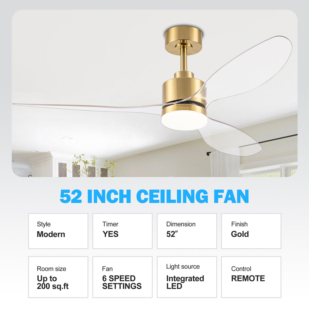 52-Inch Modern Ceiling Fan with Light, 3 ABS Blades, 18W LED with 3 Color Temperatures, Remote Control with 6 Speeds, Reverse Function, Timer, Quiet DC Motor, Includes 5" & 10" Downrods, Ideal for Dining, Bedroom, and Living Room