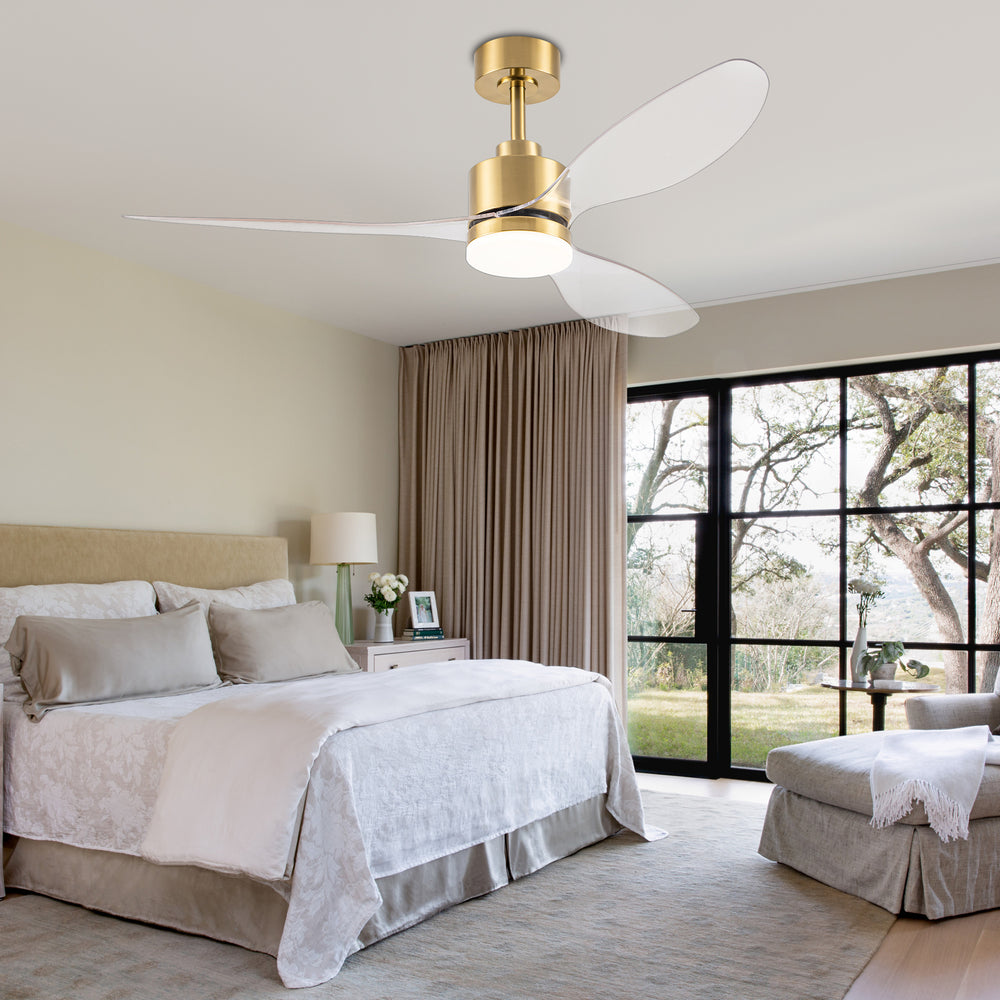 52-Inch Modern Ceiling Fan with Light, 3 ABS Blades, 18W LED with 3 Color Temperatures, Remote Control with 6 Speeds, Reverse Function, Timer, Quiet DC Motor, Includes 5" & 10" Downrods, Ideal for Dining, Bedroom, and Living Room