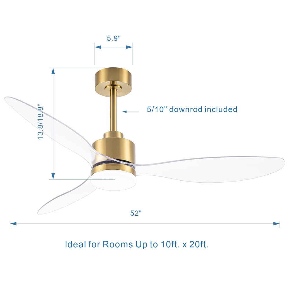 52-Inch Modern Ceiling Fan with Light, 3 ABS Blades, 18W LED with 3 Color Temperatures, Remote Control with 6 Speeds, Reverse Function, Timer, Quiet DC Motor, Includes 5" & 10" Downrods, Ideal for Dining, Bedroom, and Living Room