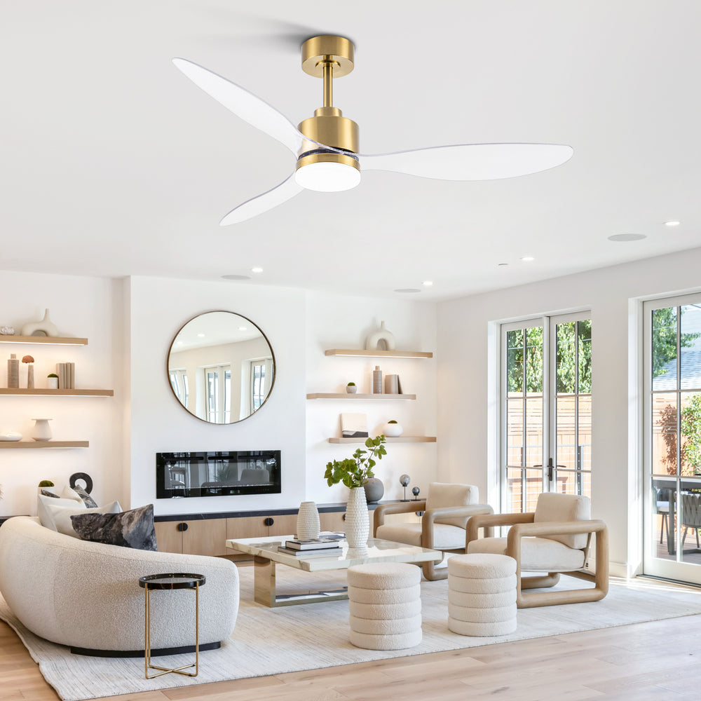 52-Inch Modern Ceiling Fan with Light, 3 ABS Blades, 18W LED with 3 Color Temperatures, Remote Control with 6 Speeds, Reverse Function, Timer, Quiet DC Motor, Includes 5" & 10" Downrods, Ideal for Dining, Bedroom, and Living Room