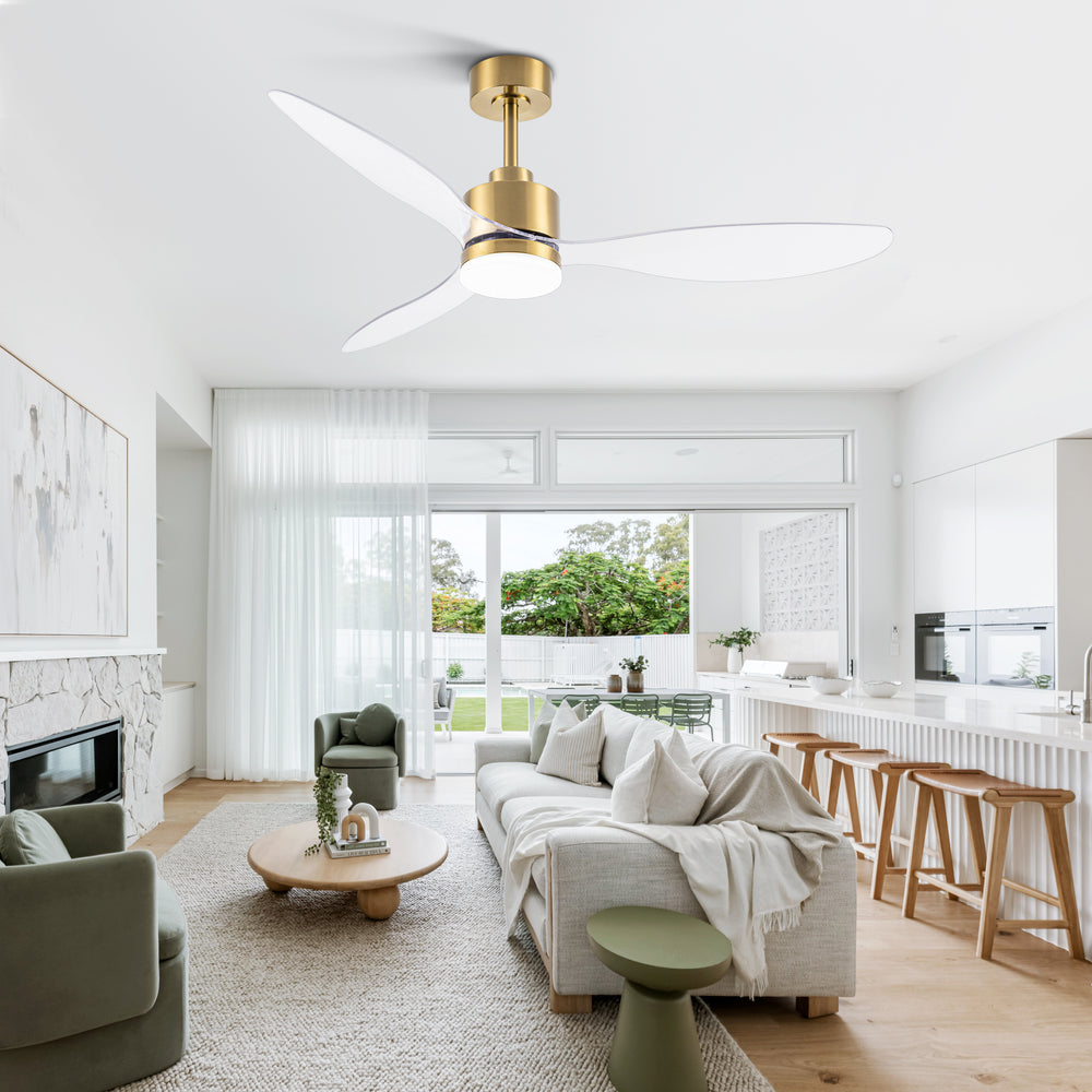 52-Inch Modern Ceiling Fan with Light, 3 ABS Blades, 18W LED with 3 Color Temperatures, Remote Control with 6 Speeds, Reverse Function, Timer, Quiet DC Motor, Includes 5" & 10" Downrods, Ideal for Dining, Bedroom, and Living Room