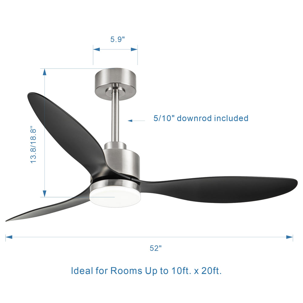 52-Inch Modern Ceiling Fan with Light, 3 ABS Blades, 18W LED with 3 Color Temperatures, Remote Control with 6 Speeds, Reverse Function, Timer, Quiet DC Motor, Includes 5" & 10" Downrods, Ideal for Dining, Bedroom, and Living Room