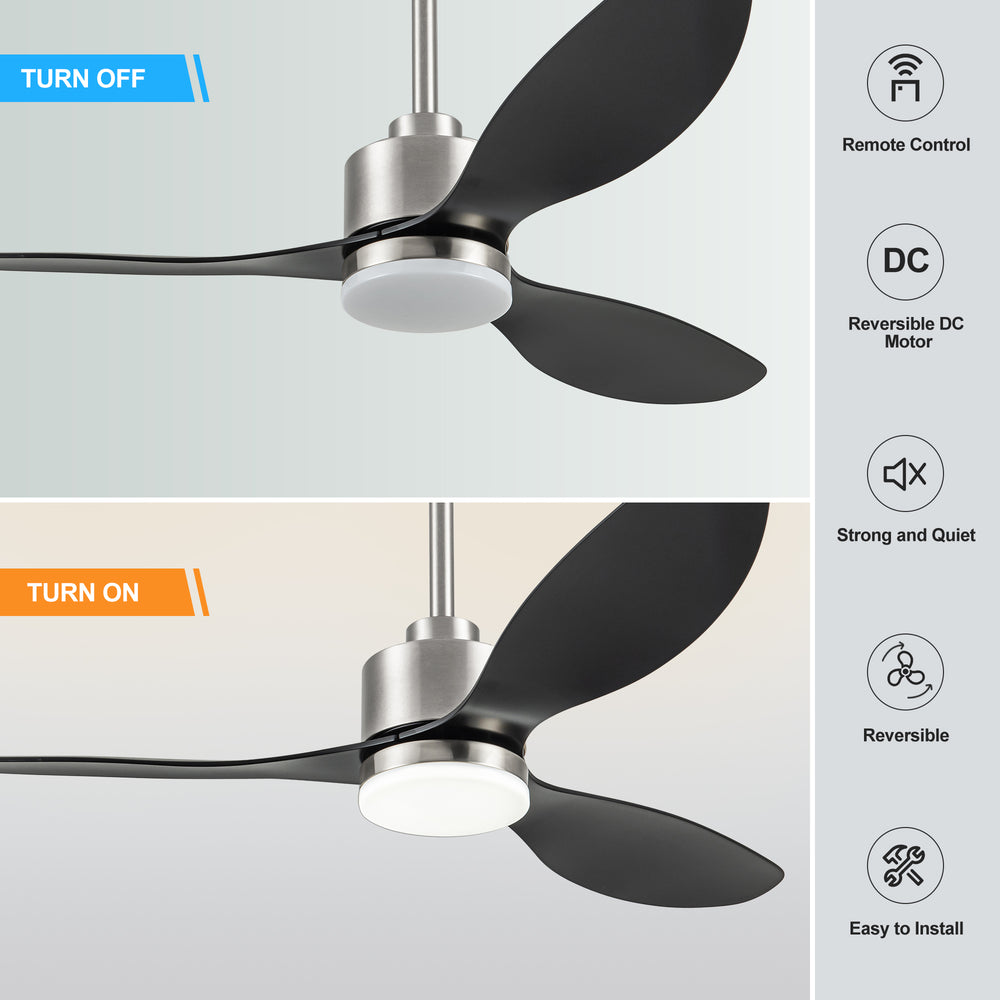 52-Inch Modern Ceiling Fan with Light, 3 ABS Blades, 18W LED with 3 Color Temperatures, Remote Control with 6 Speeds, Reverse Function, Timer, Quiet DC Motor, Includes 5" & 10" Downrods, Ideal for Dining, Bedroom, and Living Room