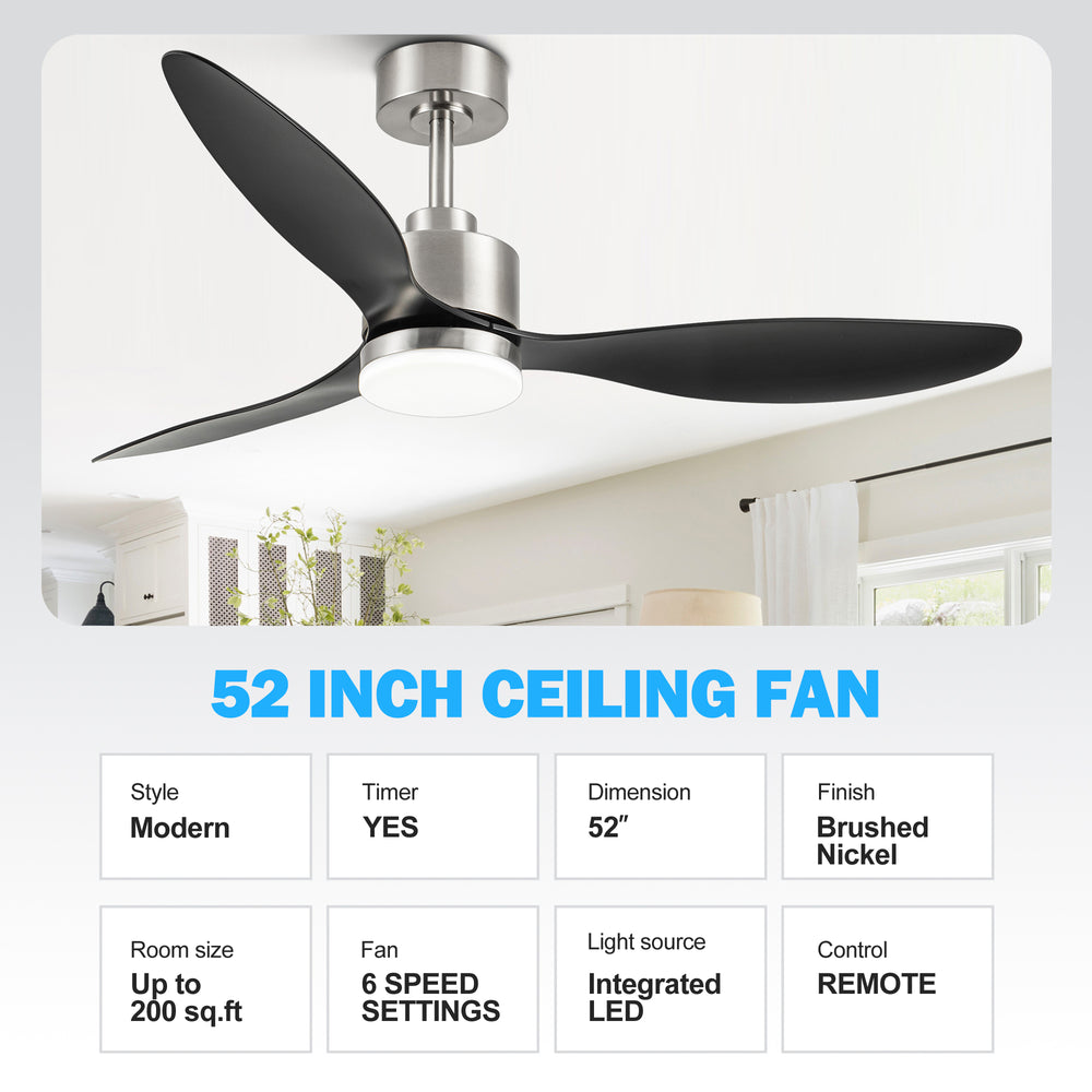 52-Inch Modern Ceiling Fan with Light, 3 ABS Blades, 18W LED with 3 Color Temperatures, Remote Control with 6 Speeds, Reverse Function, Timer, Quiet DC Motor, Includes 5" & 10" Downrods, Ideal for Dining, Bedroom, and Living Room